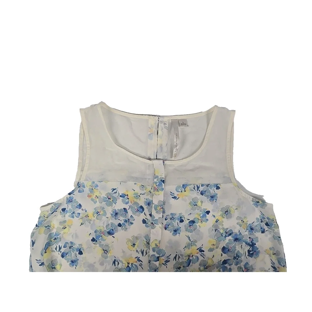 Lauren Conrad Womens Sleeveless Floral Blouse White Blue Yellow Boho Size S